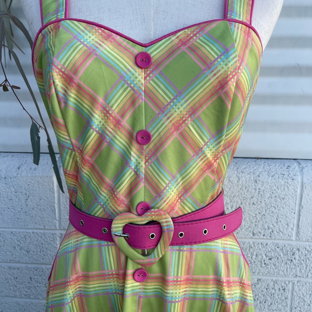 💖Voodoo Vixen Vintage Plaid Dress Heart Belt Green Pink Size M - Picture 12 of 12